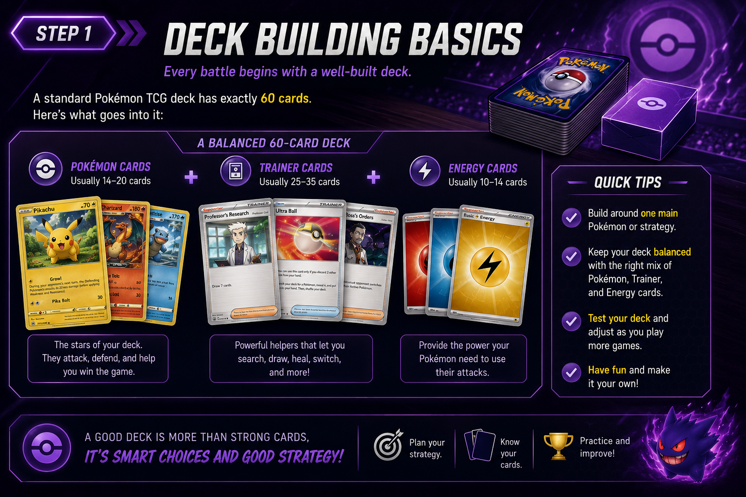 Pokémon TCG deck building basics for beginners showing Pokémon, Trainer and Energy cards
